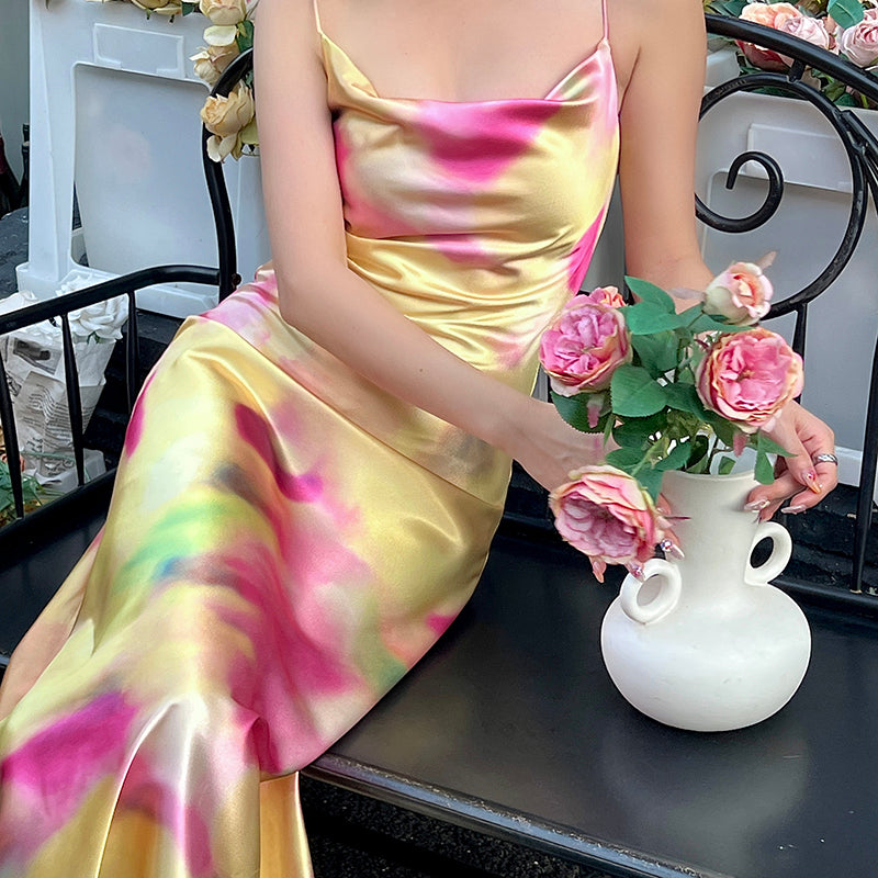 Noble temperament printed suspender dress 2025 new acetate satin long skirt R0999