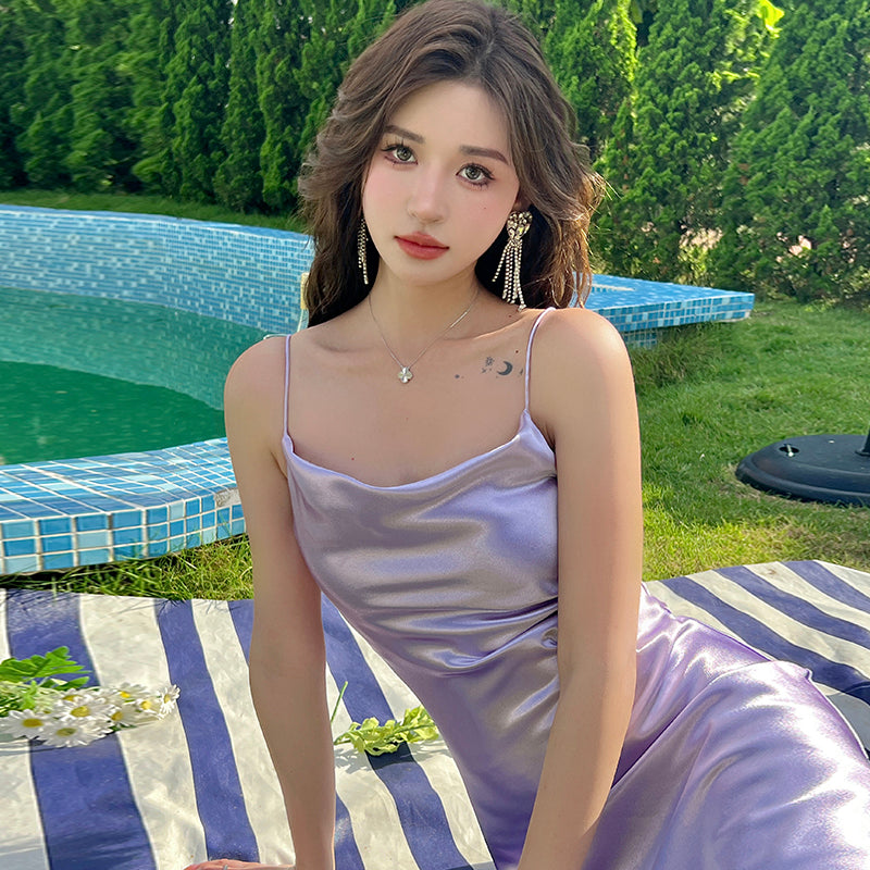 Satin dress with a swaying collar, high-end niche sexy suspender dress, purple inner long skirt R0998