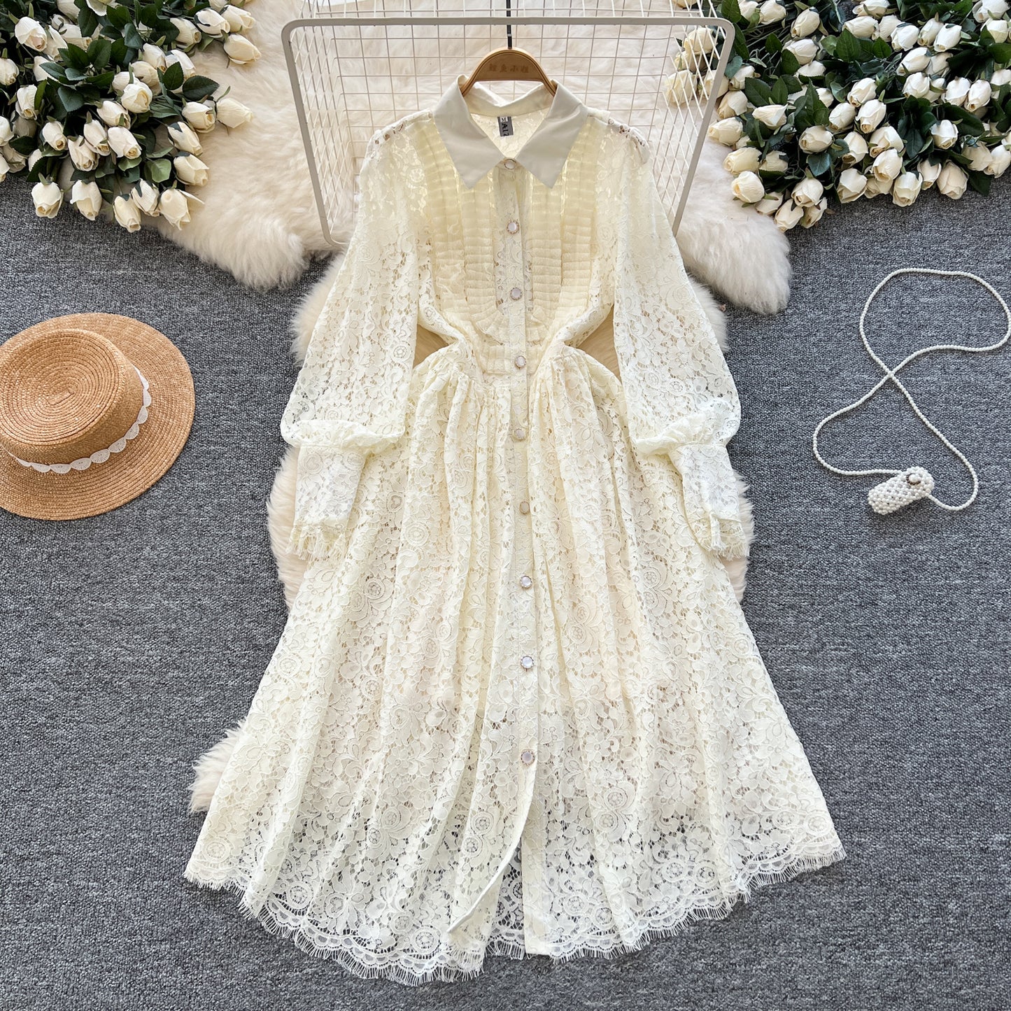 New style lapel heavy hook flower hollow French lace dress sexy long skirt R2306