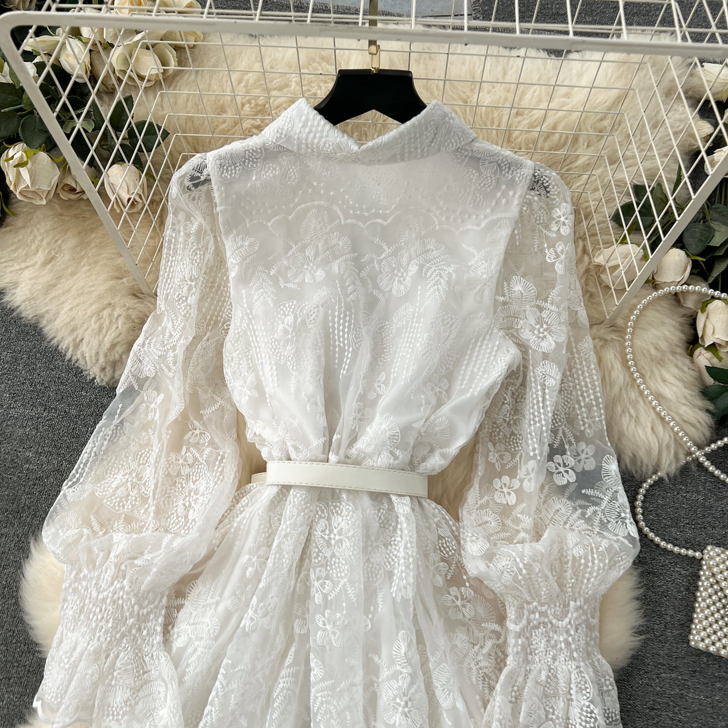 French court style dress with ruffled edges, slim-fitting long lace dress, high-end dress R2304