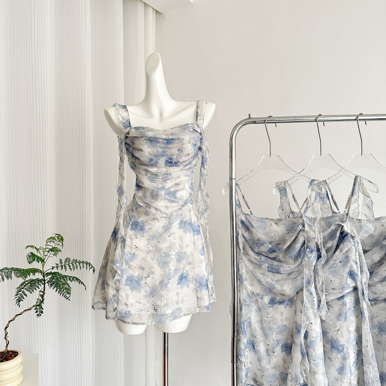 Holiday style floral suspender dress with flared neckline R1982