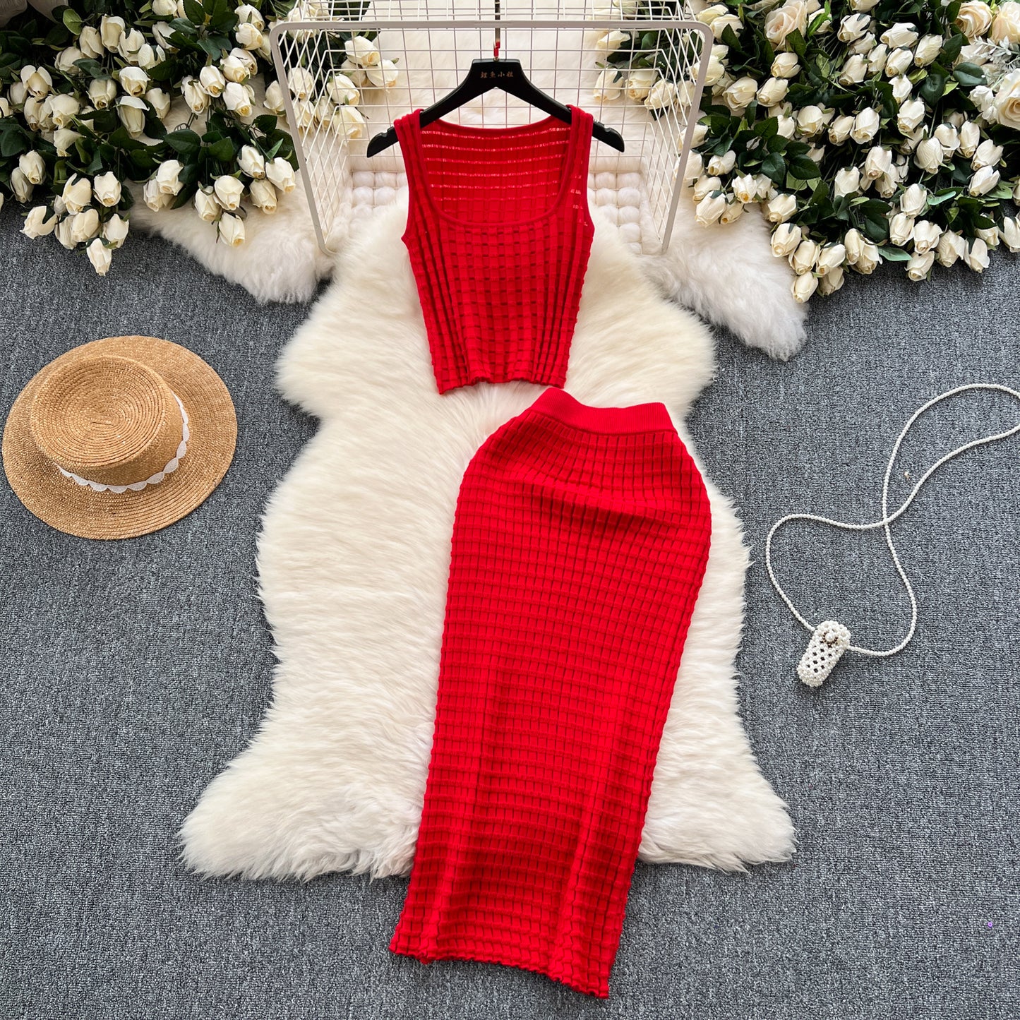 Retro hot girl style suit short vest top versatile high waist skirt knitted two-piece suit R2164
