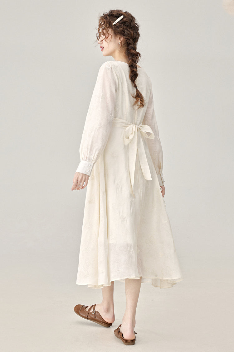 Temperament gentle style white long-sleeved dress new style small long skirt R1965