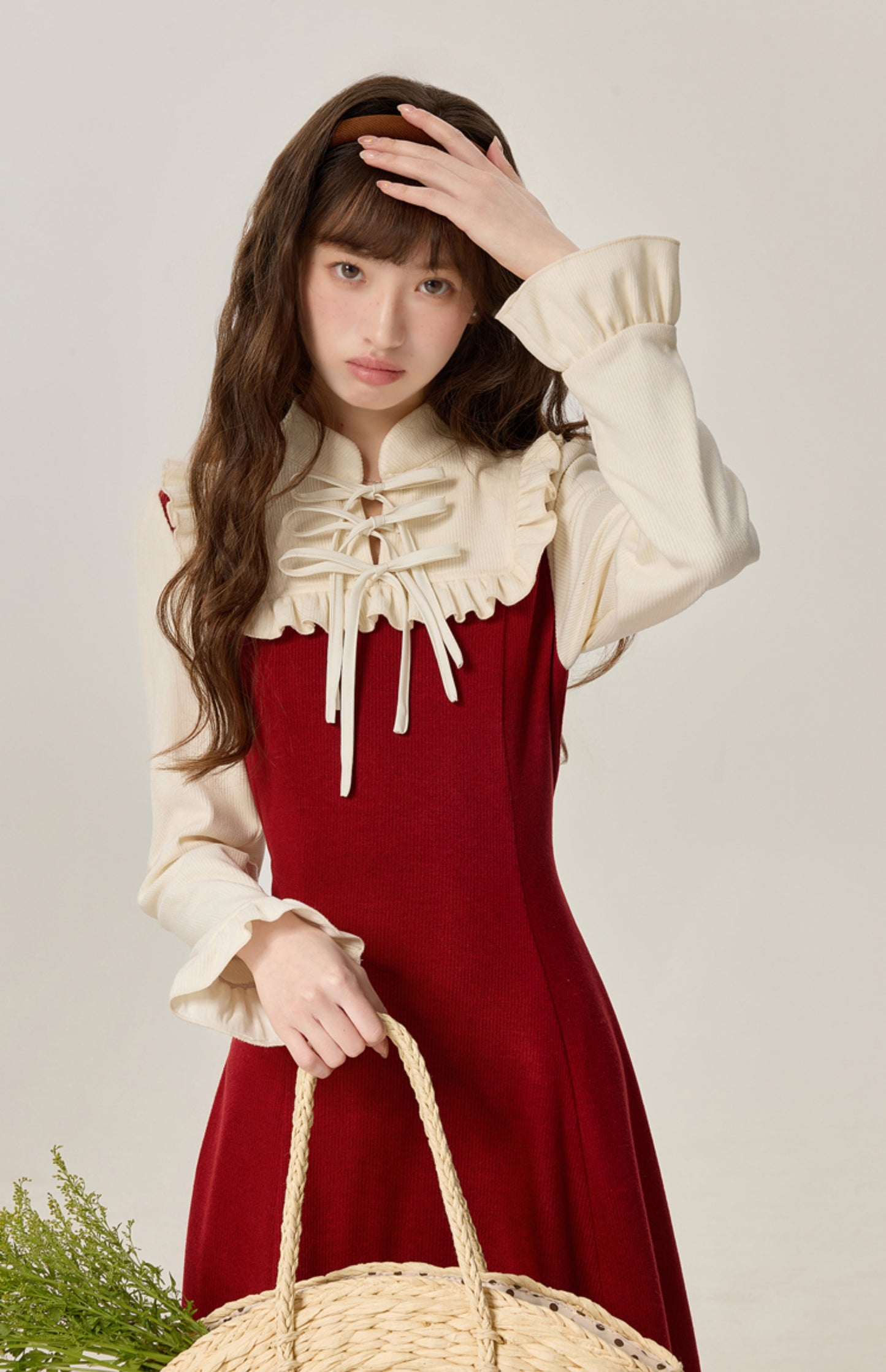 French girl style fake two piece red dress female 2025 new style skirt R1963