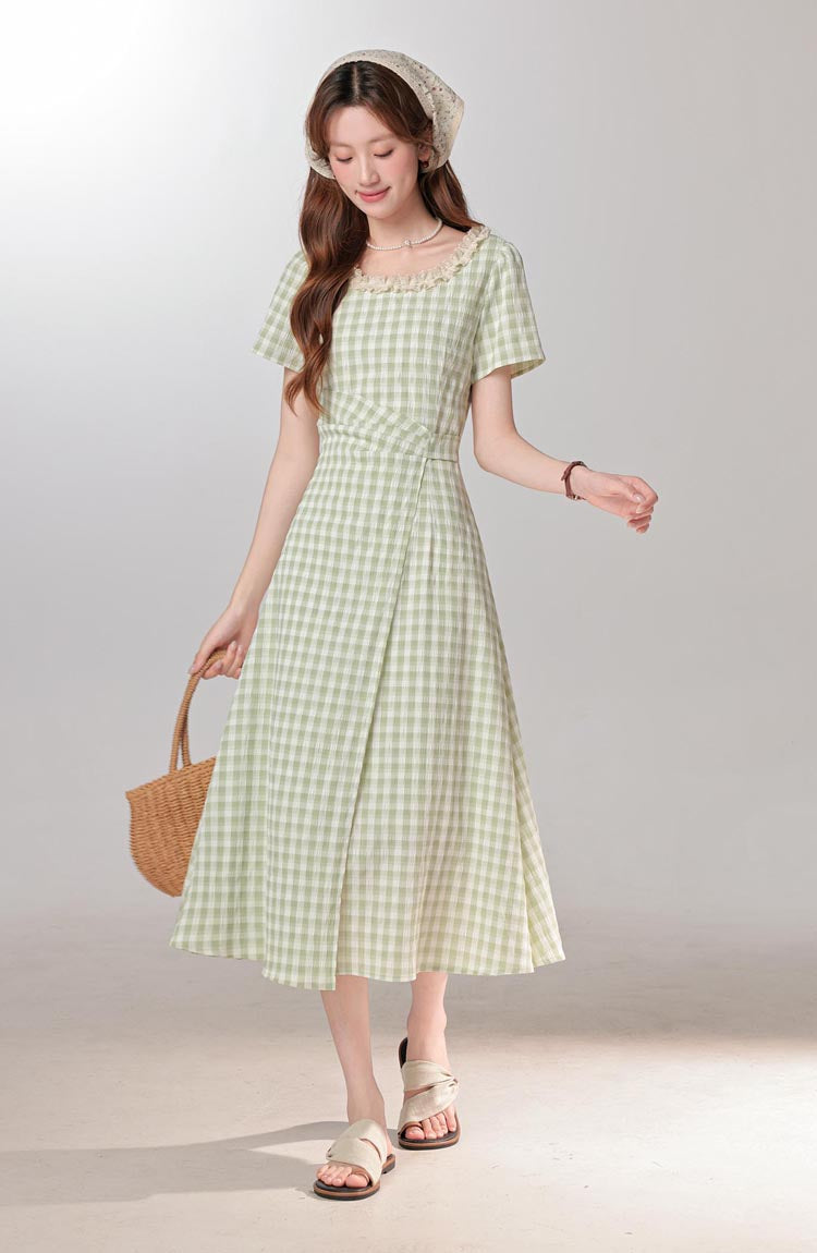 Summer fresh and sweet green plaid dress for women with waist-length dress R1964