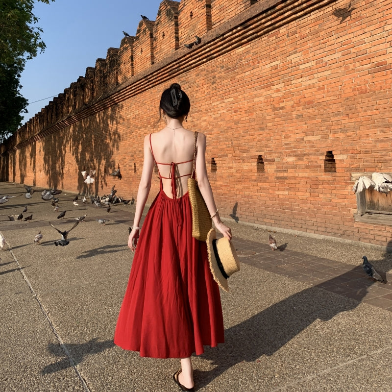 French square neck waist hip dress high waist sleeveless slim suspender dress slit long skirt R1434