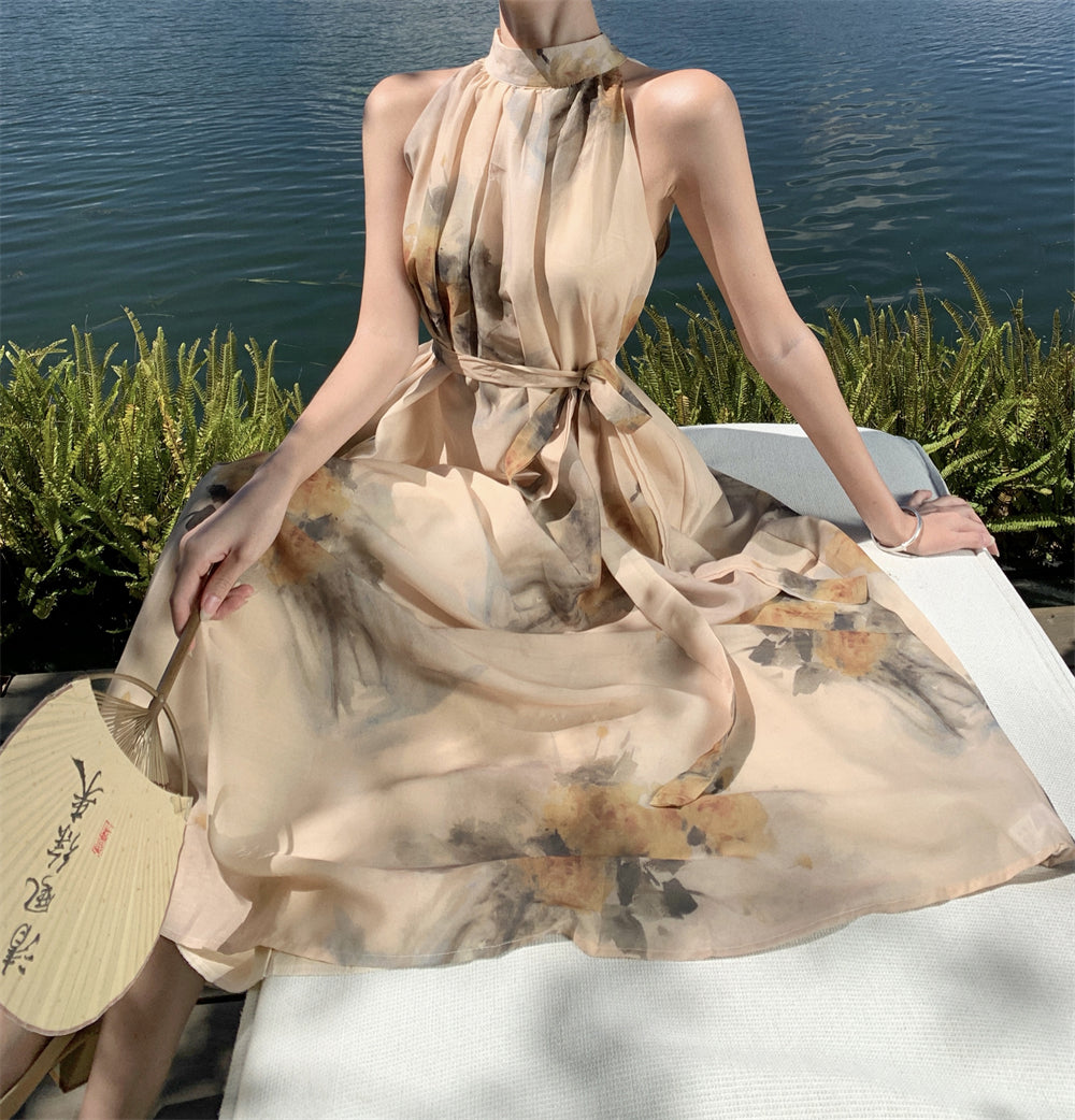 Retro high-end backless sexy halter neck dress waist temperament holiday long dress R1435