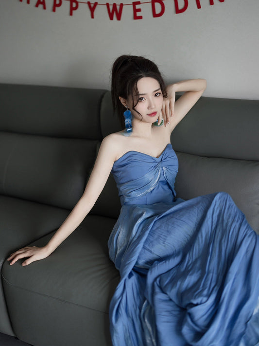 Dress blue wedding banquet high-end banquet temperament slim tube top dress R1624