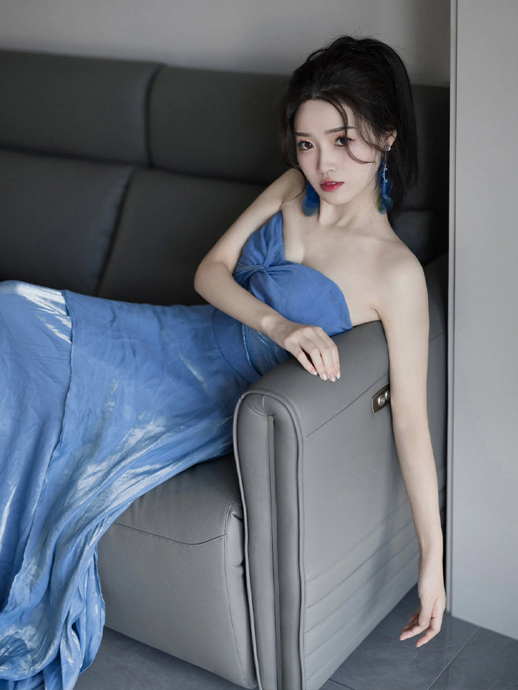 Dress blue wedding banquet high-end banquet temperament slim tube top dress R1624