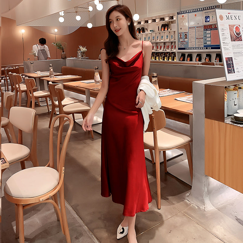 High-grade silk suspender dress with medium-length satin acetate for slimming R0983