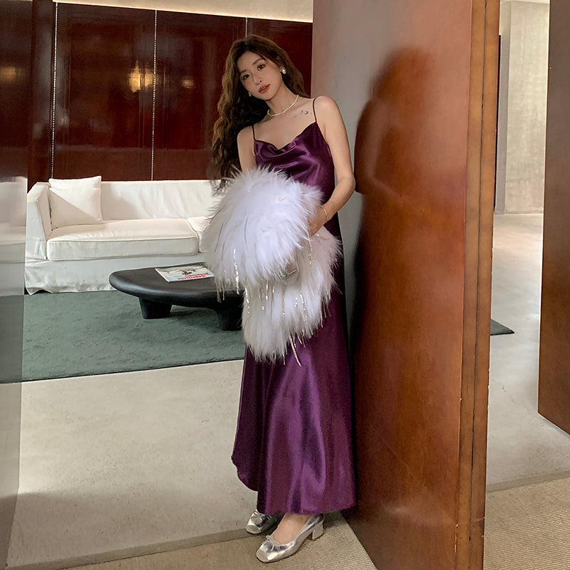 French satin suspender dress Hepburn long skirt with base purple A-line slim vest skirt R0984