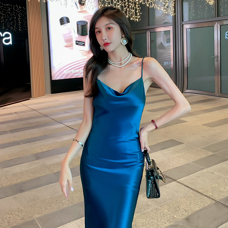 High-grade French suspender dress 25 new high-end silk satin blue temperament skirt slim fit R0988