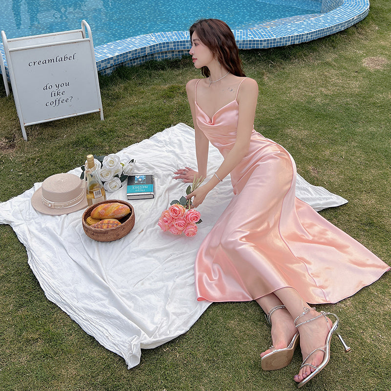 High-grade acetate satin silk dress slim sexy gentle girl pink inner suspender skirt R0990