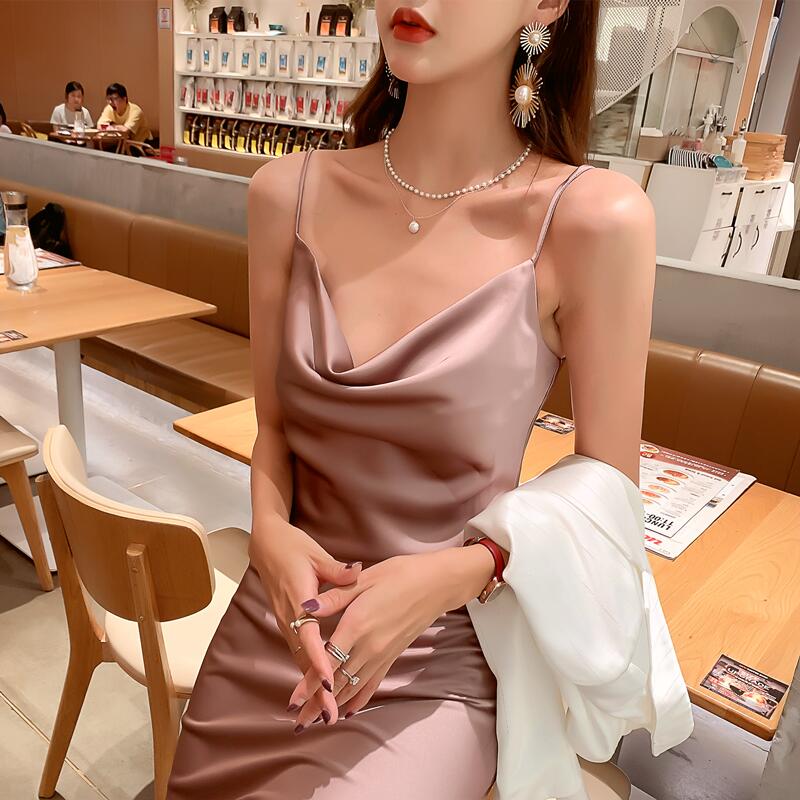 High-end acetate silk satin French suspender dress 2025 new style pink sway collar long dress R0989