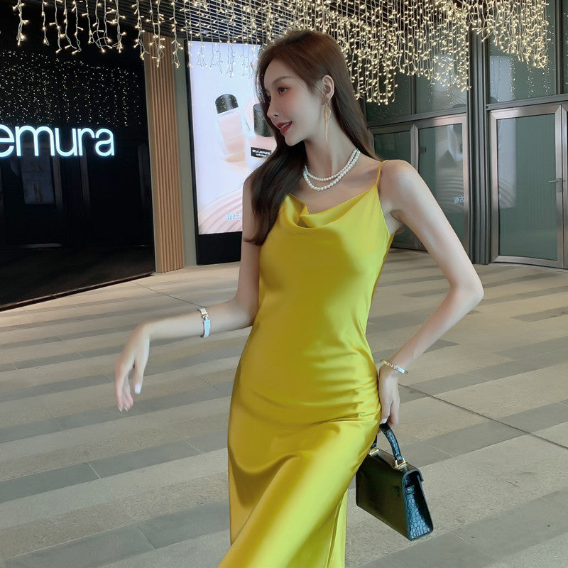 High-end French dress sexy silk satin sway collar niche design pure desire suspender skirt R0992