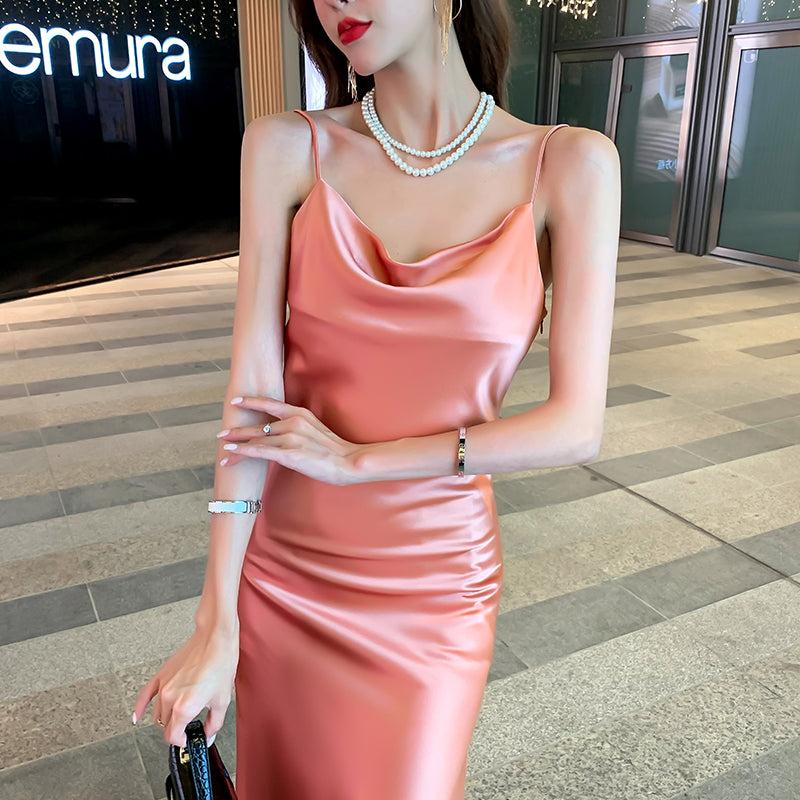 Silk suspender dress mid-length satin waist temperament inner wear bottoming long skirt R0994