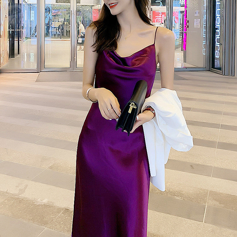 High-grade purple silk suspender dress with medium-length satin inner wear for slimming R0985