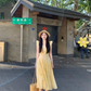 Summer skirt beautiful waist A-line long skirt yellow gradient floral dress R0837