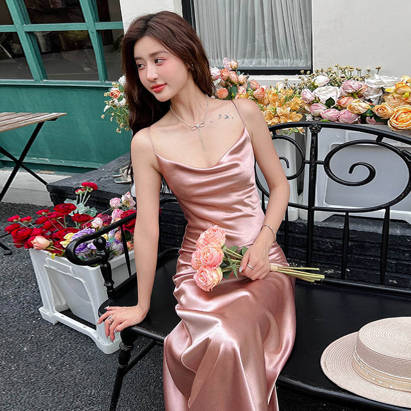 High-end acetate silk satin French suspender dress 2025 new pink long skirt R0993