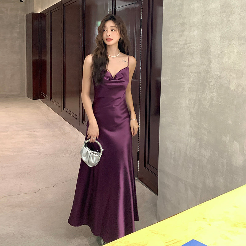 French satin suspender dress Hepburn long skirt with base purple A-line slim vest skirt R0984