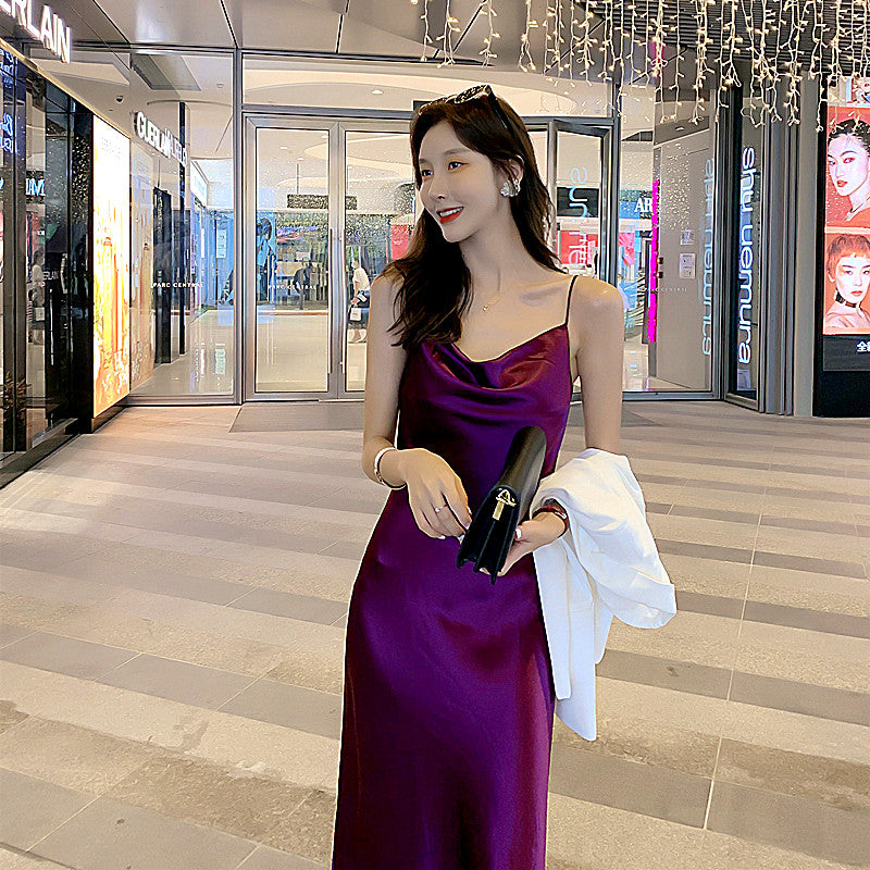 High-grade purple silk suspender dress with medium-length satin inner wear for slimming R0985