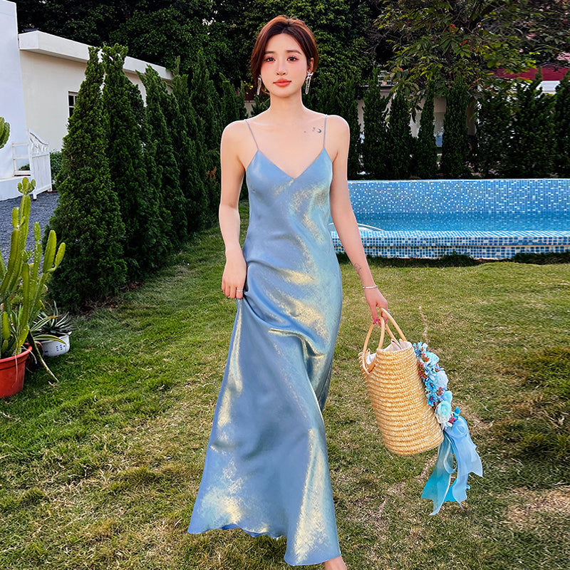 2025 Super long slim fit high-end dress blue mermaid satin acetate suspender dress V-neck R0987