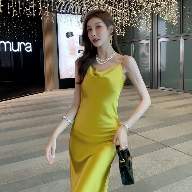 High-end French dress sexy silk satin sway collar niche design pure desire suspender skirt R0992