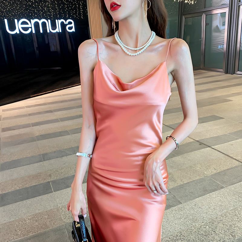 Silk suspender dress mid-length satin waist temperament inner wear bottoming long skirt R0994