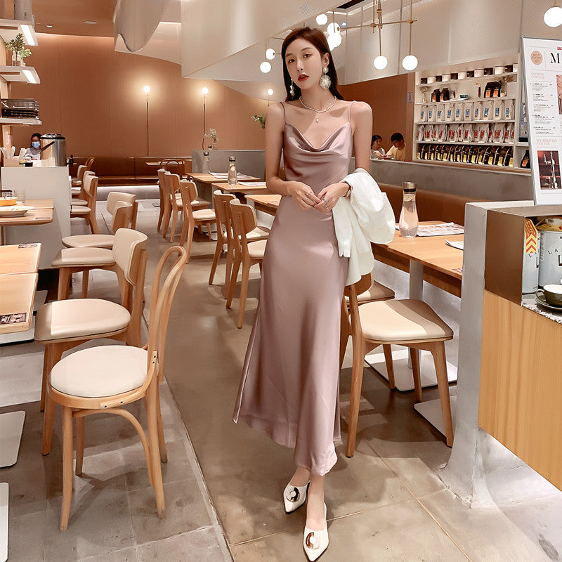 High-end acetate silk satin French suspender dress 2025 new style pink sway collar long dress R0989