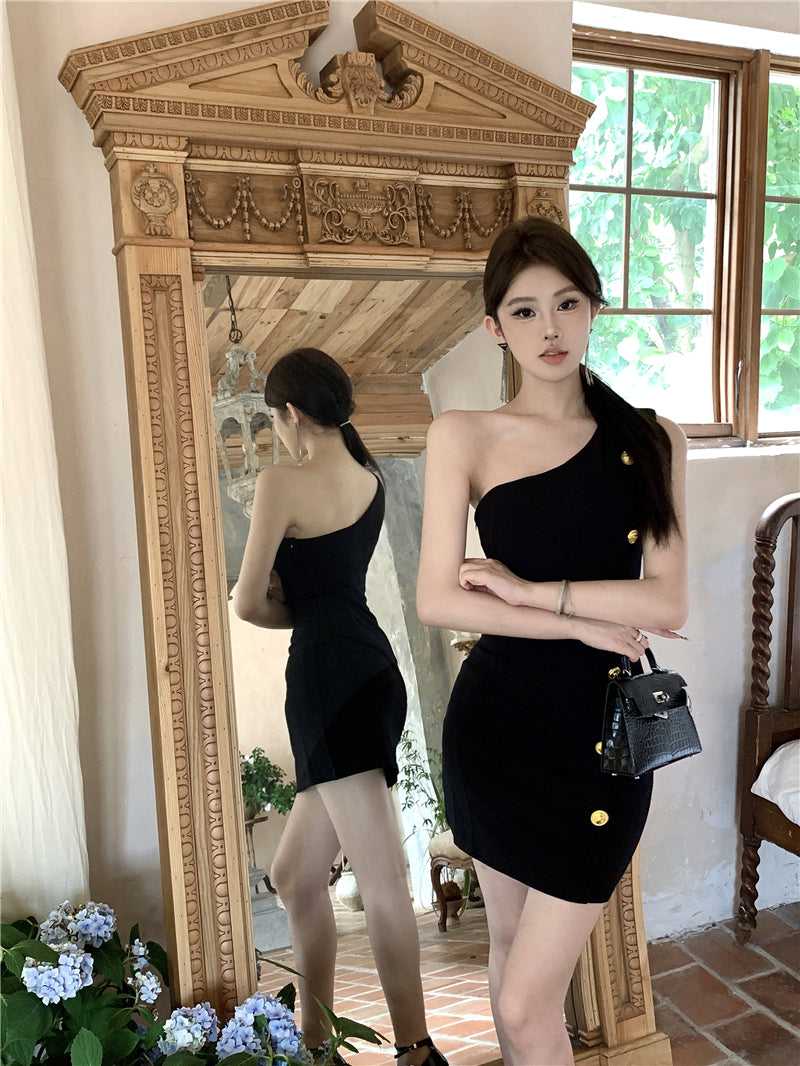 One-shoulder royal sister design little black dress waist slimming hip short dress R3713