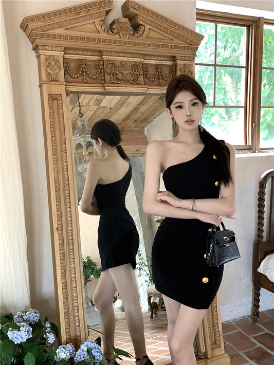 One-shoulder royal sister design little black dress waist slimming hip short dress R3713