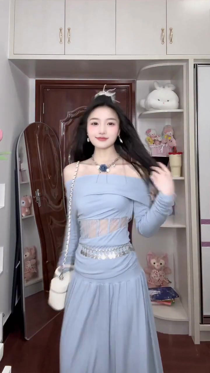 Summer beautiful vacation gentle style blue one shoulder top a line skirt two piece set R0898