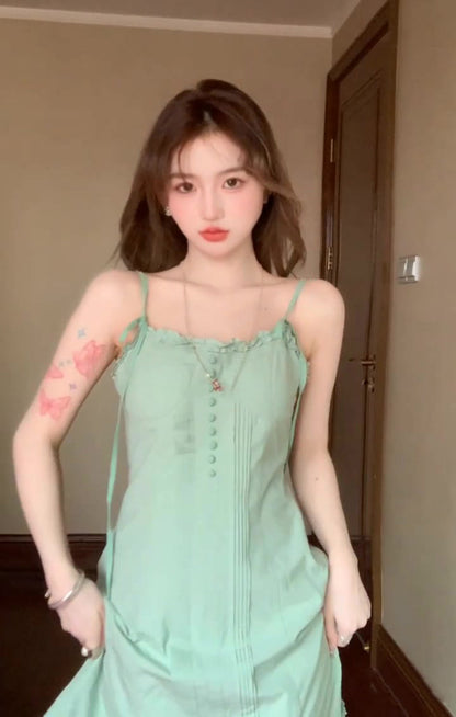 Green suspender dress holiday waist a-line short skirt beautiful skirt R0899