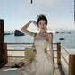 White off-shoulder dress with slits for a beach holiday, slimming suspender beach dress R1603