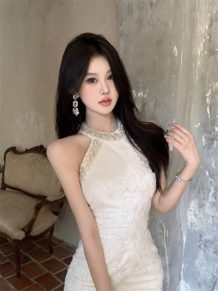 Birthday party small dress skirt high-end temperament heavy sequin halter neck dress R1768