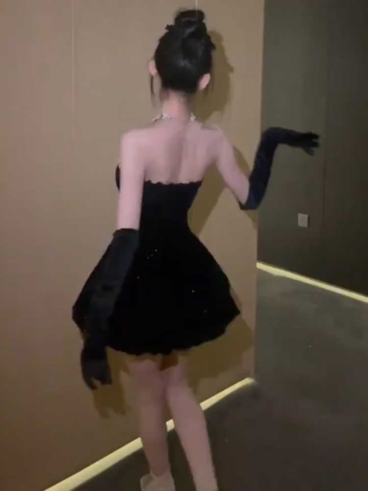 Birthday party dress high-end niche temperament tutu skirt tube top velvet dress R1769