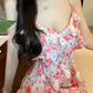 Tea break French v-neck floral suspender dress gentle temperament waist slit skirt R0619