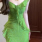 Green floral suspender dress with ruffles and gentle waist and hip skirt R0621