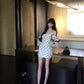 Black and white polka dot one-shoulder dress with elegant waist and slim fit A-line short skirt R0811