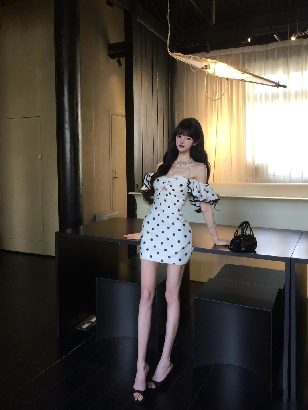 Black and white polka dot one-shoulder dress with elegant waist and slim fit A-line short skirt R0811