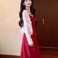Retro red suspender dress holiday style temperament waist A-line long skirt R0682