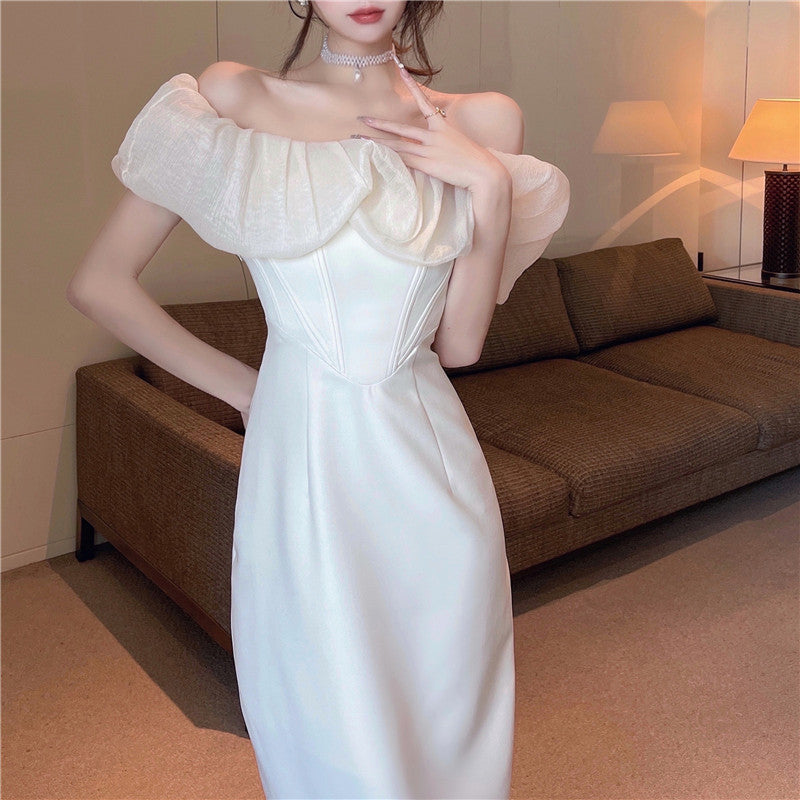 French style one shoulder dress slit gentle style banquet bridesmaid dress long skirt R1429