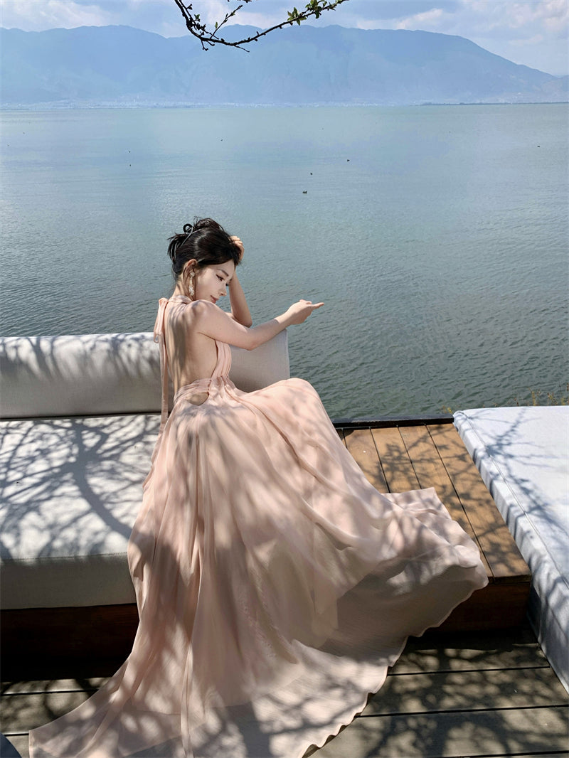 Gentle temperament V-neck halter dress unique waist A-line beach dress R0576