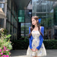 Blue floral suspender dress gentle temperament beautiful waist bud short skirt R0784