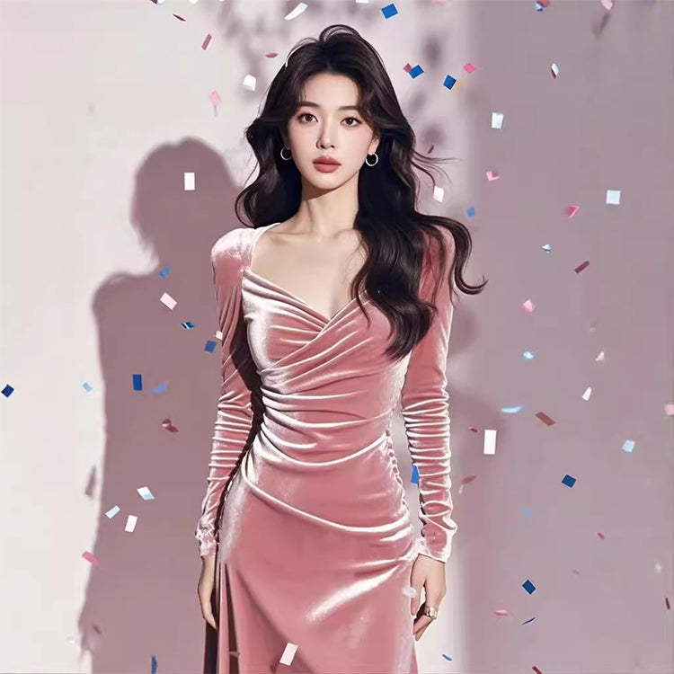 Birthday dress high-end dress niche temperament lady pink long-sleeved dress R1797