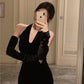 Retro halter neck velvet dress 2025 sexy temperament hip fishtail dress R1493