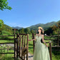 Holiday green ruffled V-neck dress is super beautiful fairy temperament waist long skirt R0444
