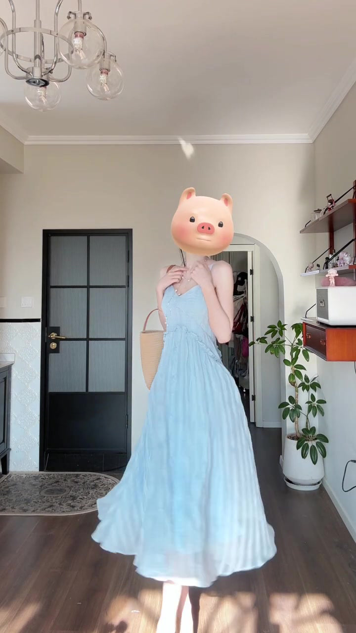 French gentle style blue V-neck suspender skirt 2025 new seaside holiday style waist temperament dress R0443