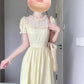 Holiday gentle style yellow jacquard puff sleeve dress unique beautiful waist temperament long skirt R0447