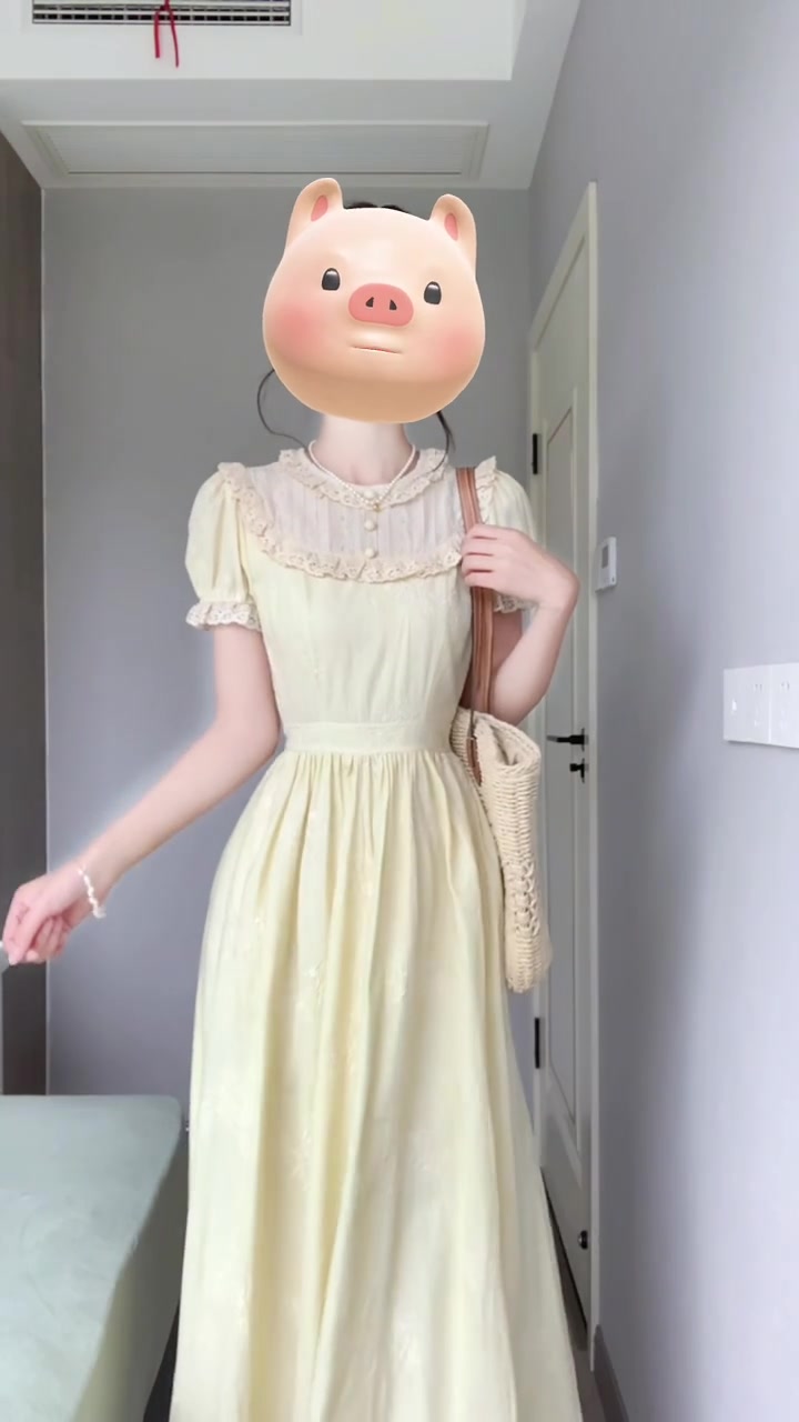 Holiday gentle style yellow jacquard puff sleeve dress unique beautiful waist temperament long skirt R0447